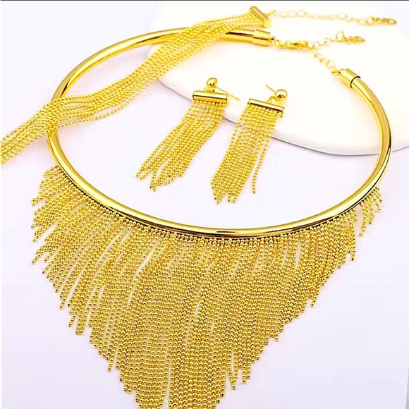 Gold Fringe Tassel Necklace Bracelet Earrings Matching Boho Set - Picture 8 of 13